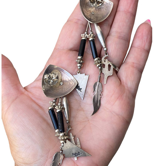 Vintage Deborah West 925 Sterling Silver Southwest Onyx Earrings Stud Dangle - Picture 4 of 6